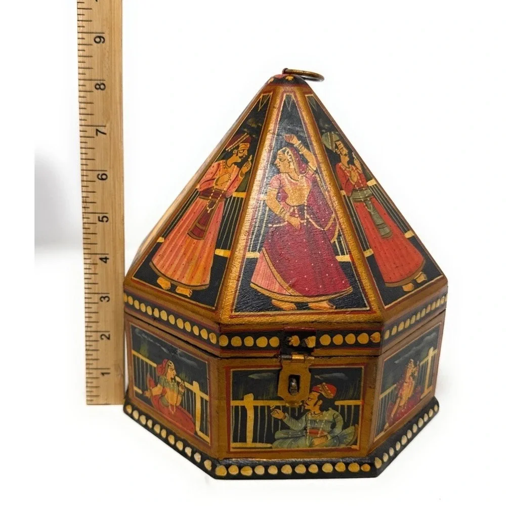 Antique Indian‎ Mughal Hand Painted Octagon Marriage Trinket Jewelry Box